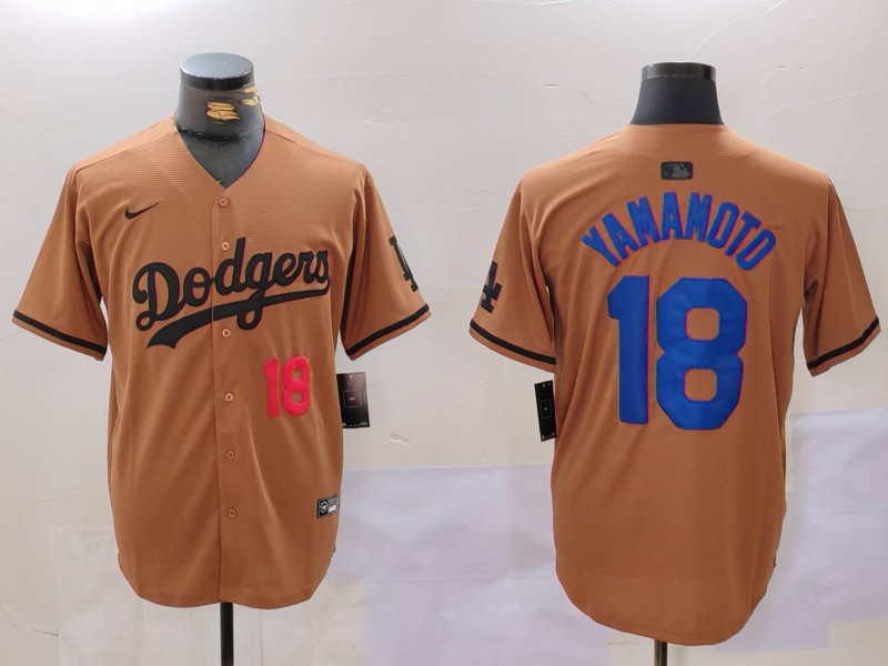 Men Los Angeles Dodgers #18 Yamamoto army green joint name 2024 Nike MLB Jersey style 3
